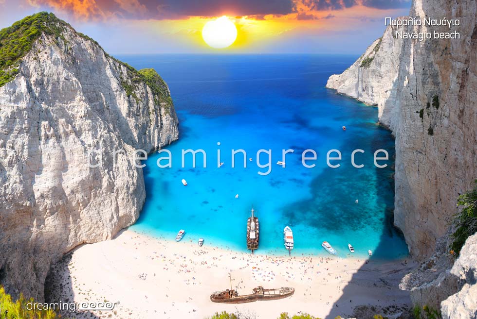 Vacations Greek islands. Zakynthos Zante island Greece Beaches. Navagio beach.